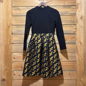 METISU Black Gold Blue Dove Print A-Line Pleated Long Sleeve Dress Sz M